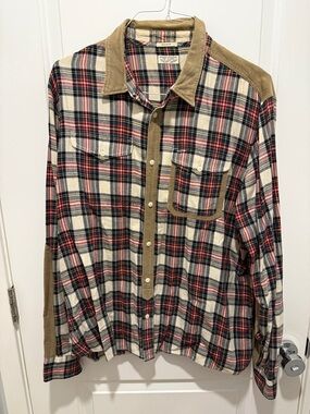 Men's Plaid Button-Up Shirt with Tan Corduroy Accents